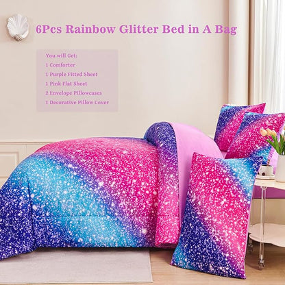 RYNGHIPY Rainbow Bed in A Bag Twin Size Girly Pink Purple Blue Gradient Galaxy Print Comforter Set with Sheets Pillowcases