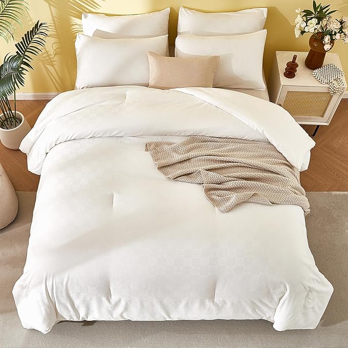 King Comforter Set - White Waffle Checkered Bedding, All-Season Lightweight Breathable Textured Thermal-Regulating Design, Pillowcases Combo for Year-Round Comfort