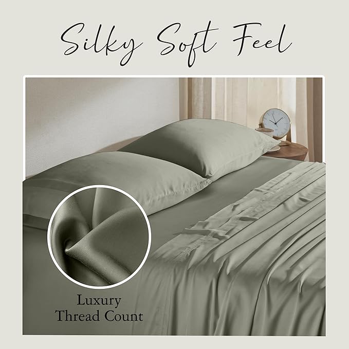 KARISSA MAE Cooling Bamboo Viscose 34" Split Top King Sheet Set | 100% FSC Certified | 18” Deep Pocket | Silky, Soft, & Hypoallergenic | with Organizer Band & Elastic Corner Straps [Cypress Green]