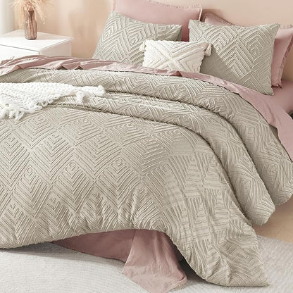 Litanika Oatmeal Super King Size Comforter Set, 3 Pieces Tufted Boho Farmhouse Bedding Comforter Sets, Lightweight Fluffy Comforter Bed Set for All Season (120x120In Comforter and 2 Pillowcases)