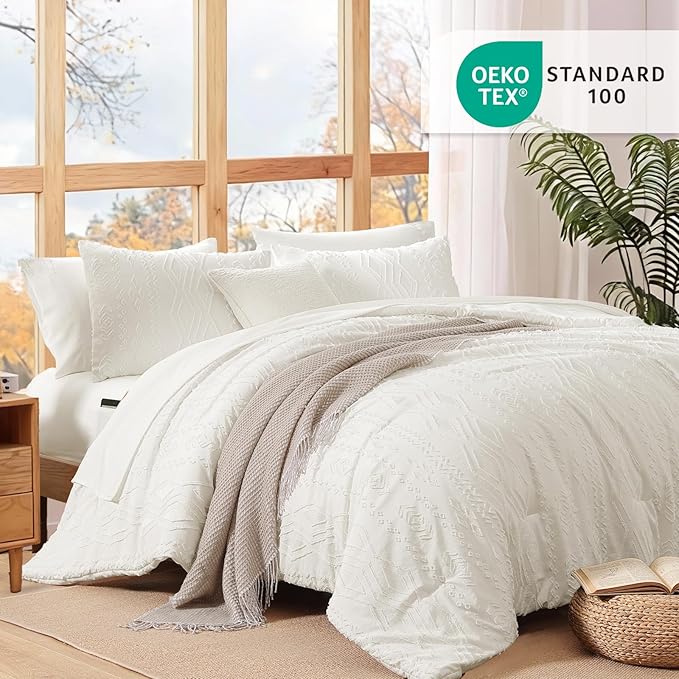 WRENSONGE King Size Comforter Set with Sheets - 7 Pieces White Tufted Bed in a Bag King Shabby Chic Bedding Sets with 1 Comforter, 2 Sheets, 2 Pillowcases & 2 Shams