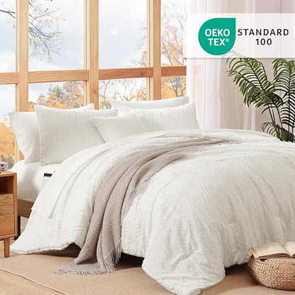 WRENSONGE Queen Comforter Set with Sheets - 7 Pieces White Tufted Bed in a Bag Queen Shabby Chic Bedding Sets with 1 Comforter, 2 Sheets, 2 Pillowcases & 2 Shams