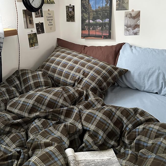 MKXI Buffalo Plaid Duvet Cover Twin XL - 3 Piece Washed Cotton Bedding Set, Blue Brown Green Vintage Aesthetic, Soft Breathable with Zipper Closure