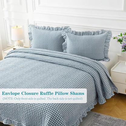 Dust Blue White Ruffle Gingham Quilt Set Queen Size with 2 Pillow Shams, 100% Washed Cotton Yarn-Dyed Quited Bedspread Farmhouse Bedding Set (Dust Blue, Queen) | Ruffle quilt, Gingham quilt, 100% washed cotton
