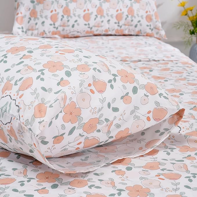 Spring Floral Printed Sheet Set Full Size, 4 Piece Soft Botanical Microfiber Sheets and Pillowcases - Deep Pocket, Wrinkle Free and Soft Bed Sheets Set Bedding Decor