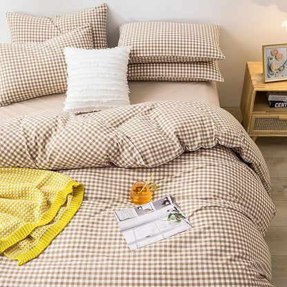 mixinni Tan Gingham Comforter Set King, Plaid Comforter Set 3 Pieces 1 Beige Grid Comfoter with 2 Pillow Cases for All Seasons, Soft Fluffy Modern Grid Pattern Printed Bedding-King Size