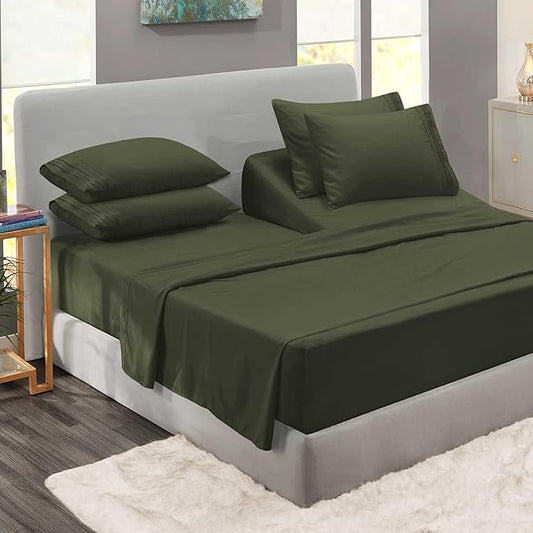 Clara Clark Flex Top King Sheets - Hotel Luxury 6 Piece Bed Sheets for Top Split King Bed - Soft Bedding Sheets & Pillowcases, Head Split King Size. Olive Green