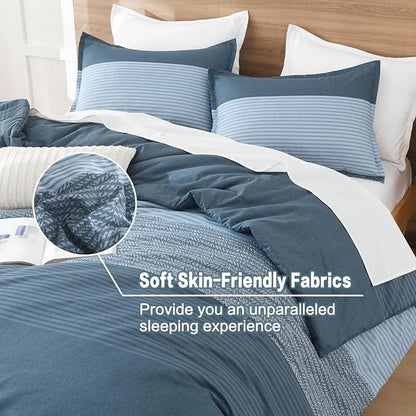 Litanika Comforter Set, Lightweight Colorblock Stripes Bedding Comforter Set, Fluffy Down Alternative Bed Set, Haze Blue, Full