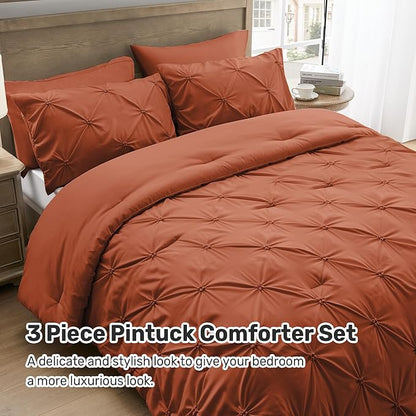 UNIKOME Queen Comforter Set Burnt Orange - Ultra Soft Boho Pintuck Down Alternative Bedding Set for All Seasons, 3 Pieces Lightweight Warm Pinch Pleat Bed Set with Comforter, 2 Pillowcases
