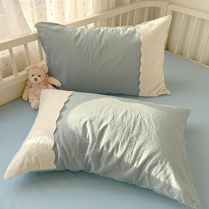 Blue Gingham King Comforter Set Down Alternative Boho Bedding Set Soft Lace-Trimmed Fluffy All Season Bedding Comforter Sets Lightweight Microfiber Cute Plaid Comforter with 2 Pillowcases