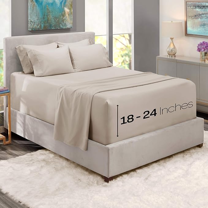 Hearth & Harbor Bed Sheets, Luxury Soft 6 Piece Bed Sheet Set Extra Deep Pocket Fitted Sheets Fits Mattress up to 21", Double Brushed Bedding Sheets & Pillowcases, Twin XL, Natrual Linen