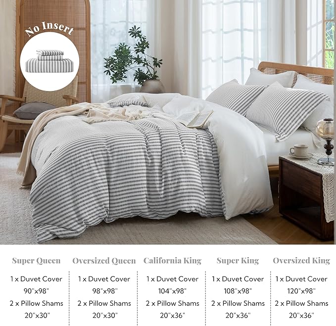 MILDLY Grey Striped Duvet Cover - 100% Washed Cotton Jacquard Textured Comforter Cover with Dual Zipper Closure & 8 Coner Ties