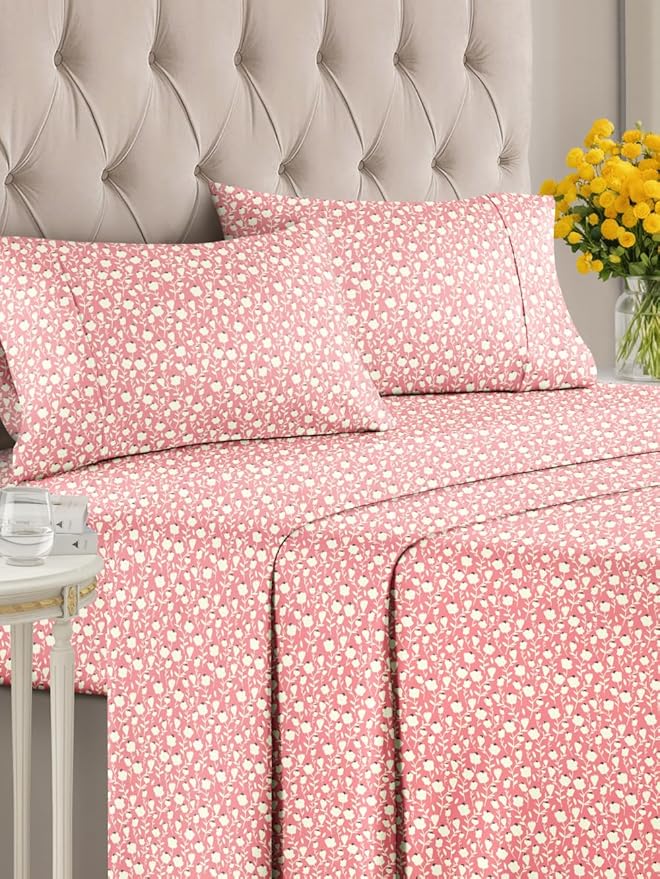 Floral Sheets - Pink & White Bed Sheet Set - 1 Flat, 1 Fitted & 2 Pillowcases w/ Deep Pockets - Comfy, Cozy, Wrinkle & Fade Free - Boho Botanical Bedding - Soft, Breathable & Cooling - Queen Size Set