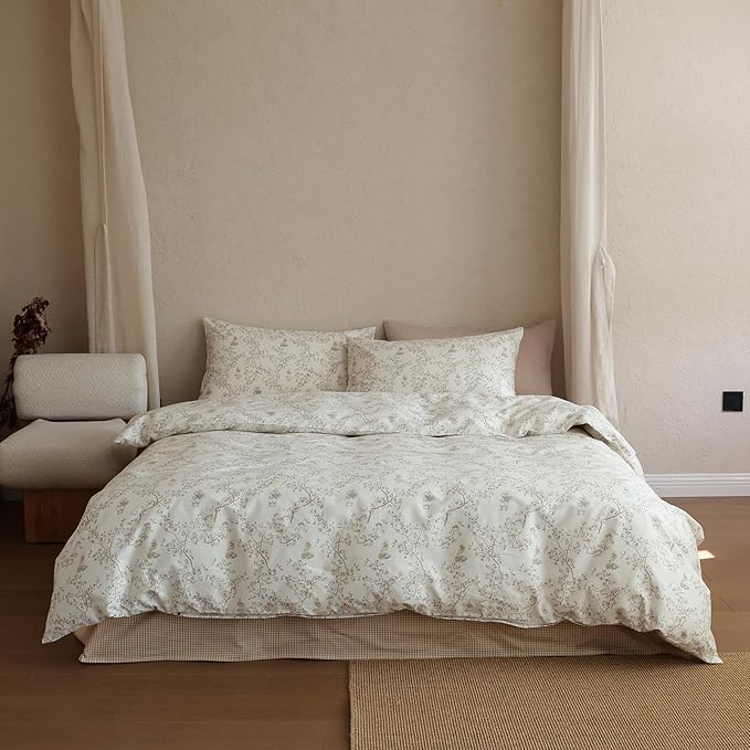 Floral Queen Size Comforter Set Boho Fluffy Bedding Set Cotton Down Alternative Girl Farmhouse Bedding Comforter Sets Chic Soft Lightweight Breathable Bed Comforter with 2 Pillowcases
