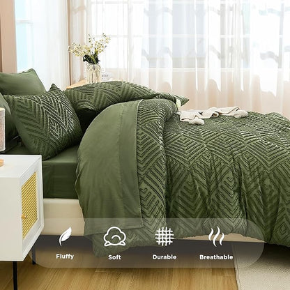 Andency Super King Comforter Set Olive Green - 7 Piece Oversized King Bed in a Bag Olive Green Bedding Sets, Boho Tufted Bed Set with Comforter, Sheets, Pillowcases & Shams
