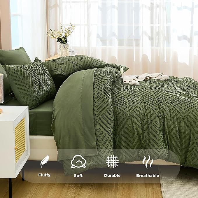 Andency Queen Comforter Set Olive Green - 7 Pieces Bed in a Bag Queen Boho Olive Green Bedding Comforter Sets, Tufted Bed Set with Comforter, Sheets, Pillowcases & Shams