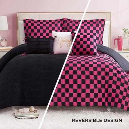 Juicy Couture Reversible Checkerboard Comforter Set 6-Piece King Set, Black/Hot Pink