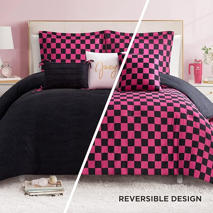 Juicy Couture Reversible Checkerboard Comforter Set 6-Piece Full/Queen Set, Black/Hot Pink