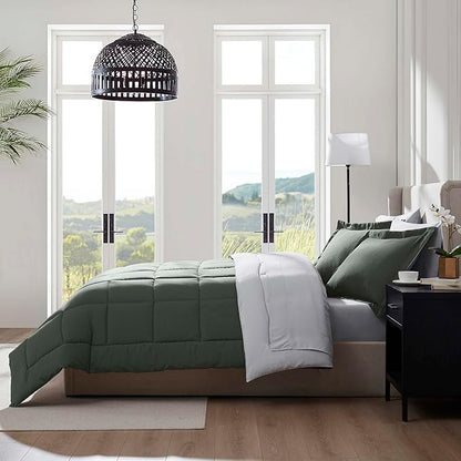 Nestl 7 Piece King Comforter Set – Olive Green Reversible Bed in a Bag – Complete King Size Bedding Set with Sheets, Pillowcases and Shams