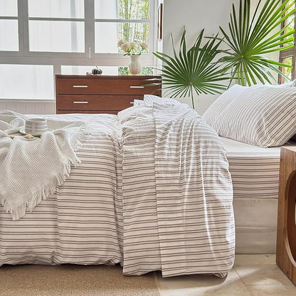 Striped Duvet Cover Set 100% Washed Cotton Linen Like Soft Feelling Breathable Bedding(Light Yellow/White Strip,Queen)