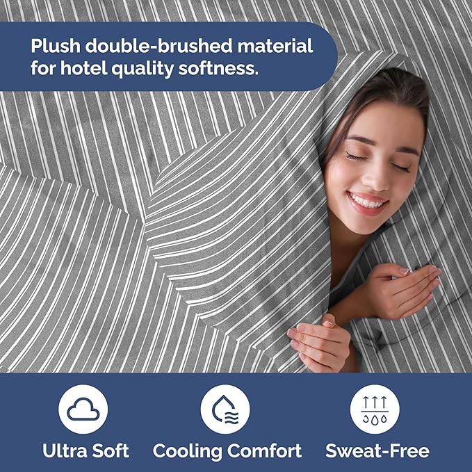 Duvet Cover Queen Size Set - Extra Soft Queen Duvet Cover 90" x 90" with 2 Pillow Shams - Hotel Luxury, Easy Care & Fade Free with Zipper Closures & Ties - Comfy, Cozy and Breathable (Grey Stripes)
