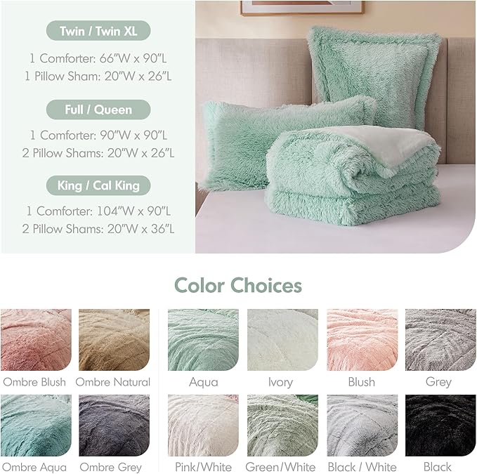 Intelligent Design Malea Shaggy Comforter Set, Long Faux Fur Cozy Down Alternative, Modern Casual Ultra Soft All Season Fluffy Bedding with Matching Sham, King/Cal King, Aqua 3 Piece