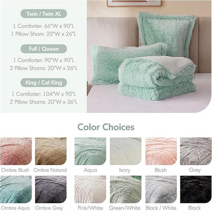 Intelligent Design Malea Shaggy Comforter Set, Long Faux Fur Cozy Down Alternative, Modern Casual Ultra Soft All Season Fluffy Bedding with Matching Sham, King/Cal King, Aqua 3 Piece