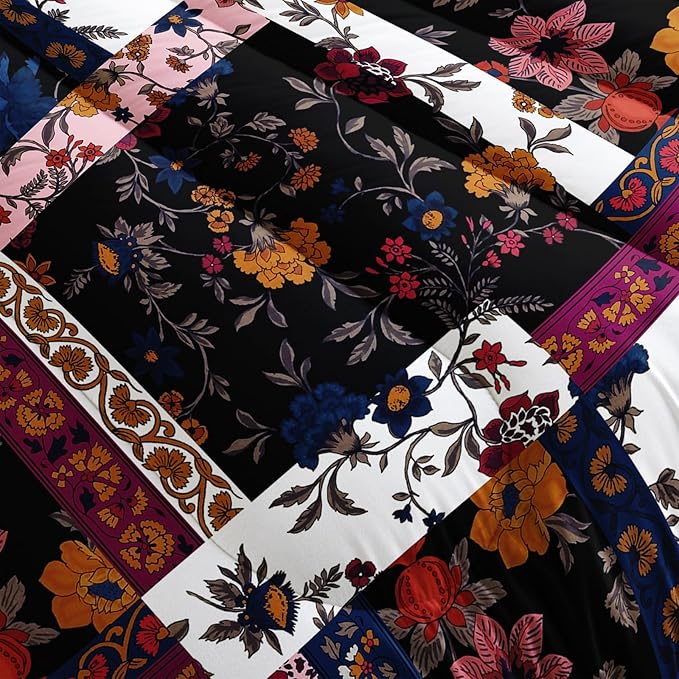 Boho Floral Comforter Set King Size Checkered Flower Bedding Sets 3PCS for Kids Teen Adult Retro Flowers Room Decor Ultra-Soft Lightweight Microfiber 1 Comforter with 2 Pillowcases