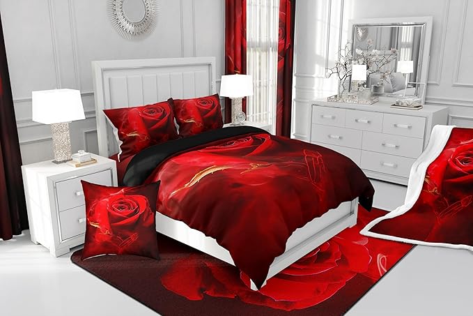 Erosebridal 3D Red Rose Comforter King,Romantic Floral Down Comforter for Girls Women Valentine's Day Gift,Ombre Botanical Flowers Bedding Soft Microfiber 3Pcs Quilted Duvet (1 Quilt+2 Pillow Cases)