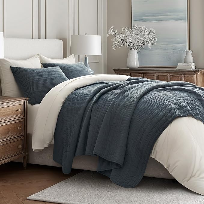 EVERGRACEHOME 100% Cotton Modern Lines Quilt Set Queen Size, Pre-Washed Soft Striped Coverlet Bedspread, 3 Piece Lightweight Bedding Set for All Season, with 2 Pillow Shams, Midnight Blue