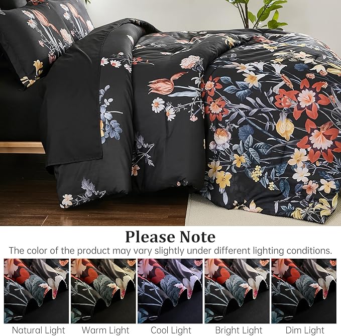 WONGS BEDDING Queen Comforter Set 7 Piece, Black Floral Bed in a Bag Bedding Set with Botanical Flowers Patterns, Soft Lightweight Complete Comforters with Sheets for All Season