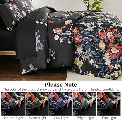 WONGS BEDDING King Comforter Set 7 Piece, Black Floral Bed in a Bag Bedding Set with Botanical Flowers Patterns, Soft Lightweight Complete Comforters with Sheets for All Season