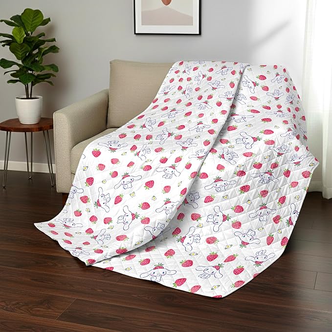 Northwest Sanrio Cinnamoroll Reversible Quilted Throw, Kawaii Strawberry Polkadot Pattern, Comfy Throw for Anime Fans, Game Room, Chair or Couch, 60 x 80 Inches