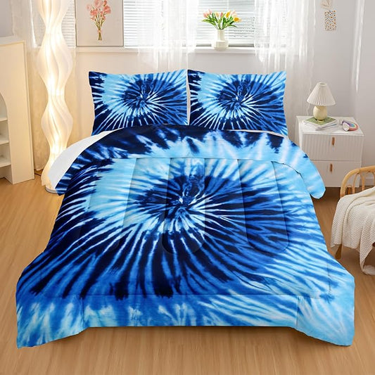 Blue Tie-dye Comforter Sets Twin Size,Abstract Modern Art Bedding Set for Your Room,Graffiti Soft Lightweight Quilted Set All Season 1 Comforter and 2 Pillowcases