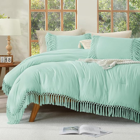 Andency Comforter King Size Set Mint, 3 Pieces Boho Tassel Lightweight Fluffy Bedding Comforters & Sets, Soft All Season Bed Set (104x90In Comforter & 2 Pillowcases)