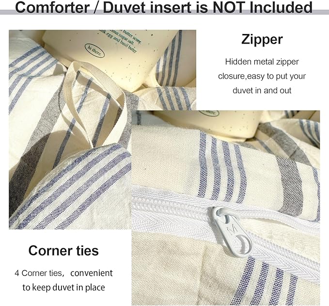 EAVD Vintage Blue Grey and White Striped Duvet Cover Queen Soft 100% Cotton Chic Stripes Bedding Set with 2 Pillowcases Retro Geometric Duvet Cover with Zipper Closure Corner Ties