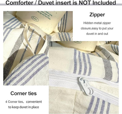 EAVD Vintage Blue Grey and White Striped Duvet Cover Twin Soft 100% Cotton Chic Stripes Bedding Set with 2 Pillowcases Retro Geometric Duvet Cover with Zipper Closure Corner Ties