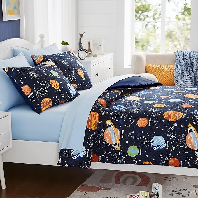 Full Kids Comforter Set - 7 Pieces Full Bedding Sets for Boys Teen, Glow in The Dark Space Bed in A Bag with Sheets