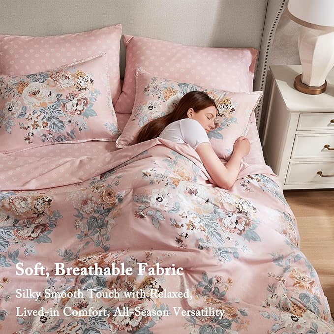Madison Park Essentials Floral Comforter Set Cal King Size, Vintage Flower Bedding Set with Sheet Set, 7 Pieces Bed in a Bag with Reversible Botanical Comforter and Pillowcases & Shams, Heather, Pink