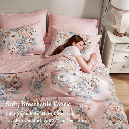Madison Park Essentials Floral Comforter Set King Size, Vintage Flower Bedding Set with Sheet Set, 7 Pieces Bed in a Bag with Reversible Botanical Comforter and Pillowcases & Shams, Heather, Pink