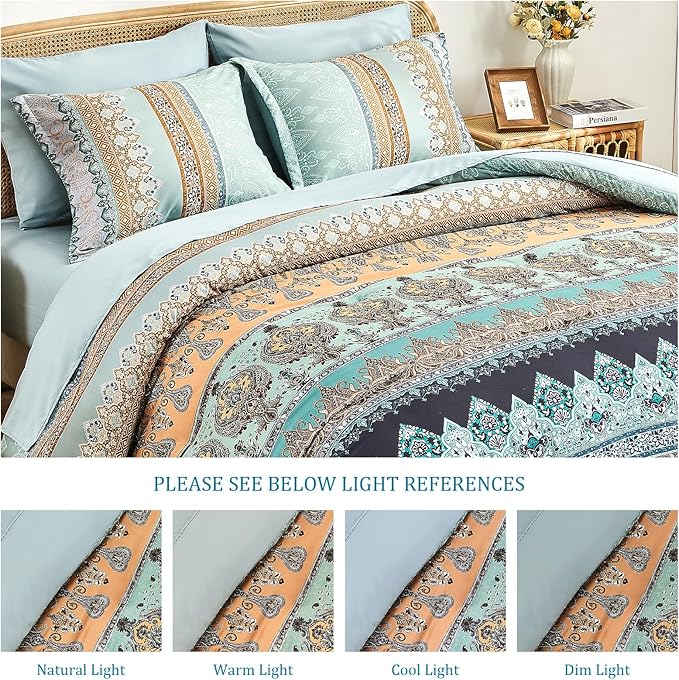 Boho Comforter Set Queen - 7 Pieces Bed in a Bag, Bohemian Striped Comforter Set with Sheets, Soft Microfiber Sage Green Floral Bedding Set for All Season