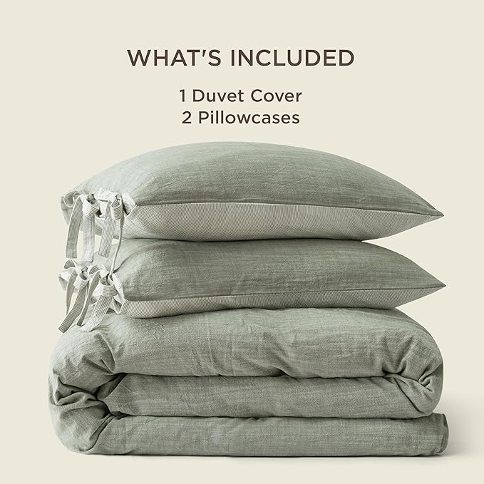 Bedsure Striped Duvet Cover King Size – Moisture-Wicking Eucalyptus Lyocell, Cotton & Linen Hybrid Comforter Cover Set with Bowknot Ties Closure – GentleSoft™ & Breathable Bedding Set – Seaweed Green