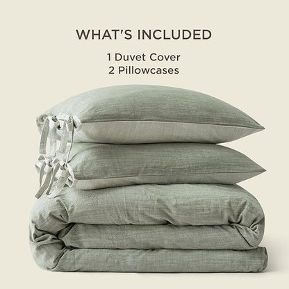 Bedsure Striped Duvet Cover King Size – Moisture-Wicking Eucalyptus Lyocell, Cotton & Linen Hybrid Comforter Cover Set with Bowknot Ties Closure – GentleSoft™ & Breathable Bedding Set – Seaweed Green
