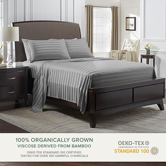 Pure Bamboo King Sheets, Genuine 100% Organic Viscose Derived from Bamboo Bed Sheet Set, Luxuriously Soft & Cooling, Double Stitching, 2 Year Quality Promise (King, Jacquard Stone)
