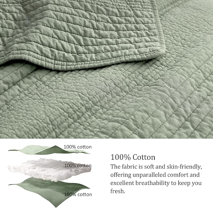 PALASSIO Striped Sage Green 100% Cotton Quilt California Cal King Size Bedding Set, Oversized Lightweight Channel Pick Stitch Textured Bedspread Soft Farmhouse Country Coverlet for All Season, 2 Shams