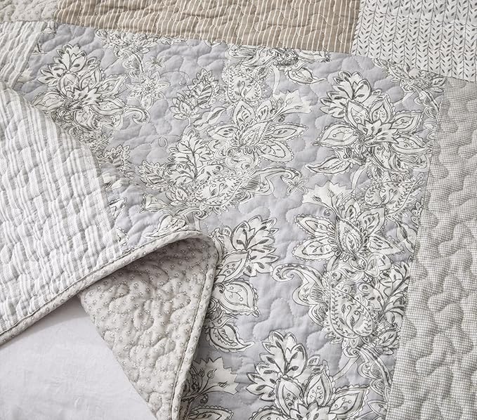 Chezmoi Collection Quinn 2-Piece Neutral Taupe Gray White Floral Hibiscus Flower Candy Stripe Patchwork Quilt Set - Pre-Washed Cotton Coverlet - Lightweight Reversible Bedspread, Twin Size
