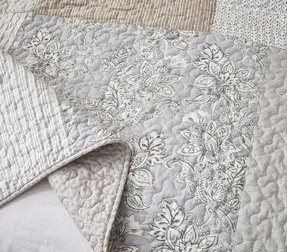 Chezmoi Collection Quinn 2-Piece Neutral Taupe Gray White Floral Hibiscus Flower Candy Stripe Patchwork Quilt Set - Pre-Washed Cotton Coverlet - Lightweight Reversible Bedspread, Twin Size