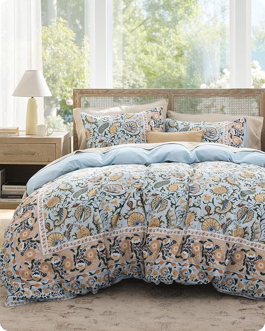 Bedsure Duvet Cover Queen Size - 100% Cotton Reversible Classic Frame Bordered Duvet Cover Set, 3 Pieces Soft & Breathable PureWoven Bedding Set with 2 Pillow Shams (Vintage Blue Boho 90"x90")