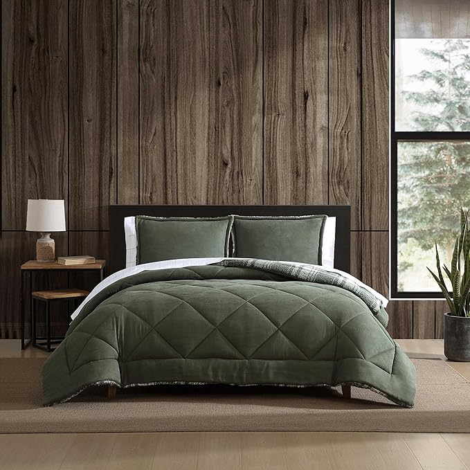 Eddie Bauer - Twin Comforter Set, Microsuede Bedding with Soft Plush Faux Shearling Reverse, 2 Piece Bed Set with Matching Pillowcase (Big Lake Plaid Green)