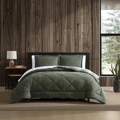 Eddie Bauer - Twin Comforter Set, Microsuede Bedding with Soft Plush Faux Shearling Reverse, 2 Piece Bed Set with Matching Pillowcase (Big Lake Plaid Green)